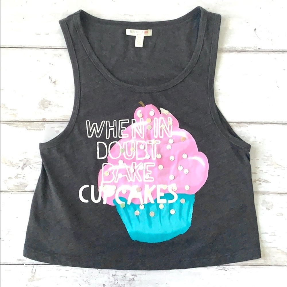 Girls 9/10 Forever 21 Kids Cropped Cupcake Tank Top Shirt Gray Pink Size 9 10